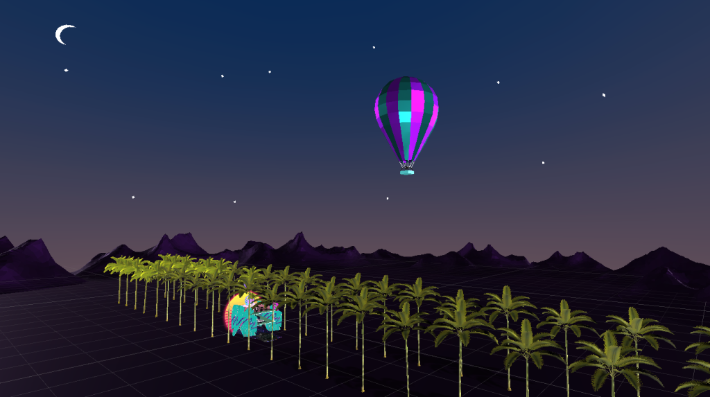 Aesthetic Mobile Division wide view of the delorean art car on the palm tree strip surrounded by dark purple mountains and a hot air balloon in the night sky